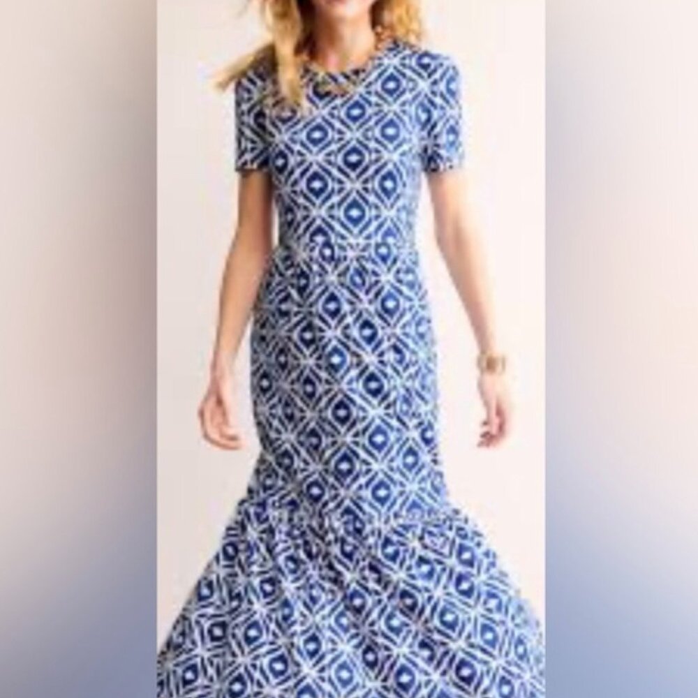 Boden Emma Blue & White short sleeve maxi ruffle hem dress size 20/22